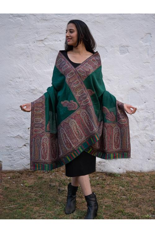 TICH Regal Exclusive Soft Jamavar Design Kashmiri Shawl Emerald Green