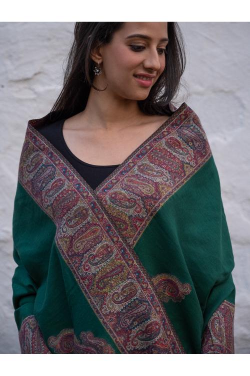 TICH Regal Statement. Exclusive Soft Jamavar Design Kashmiri Shawl - Emerald Green