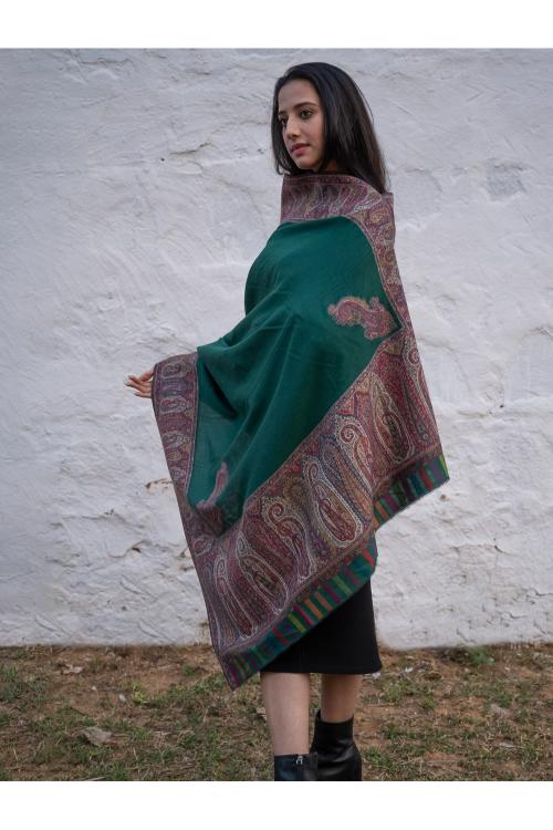 TICH Regal Statement. Exclusive Soft Jamavar Design Kashmiri Shawl - Emerald Green