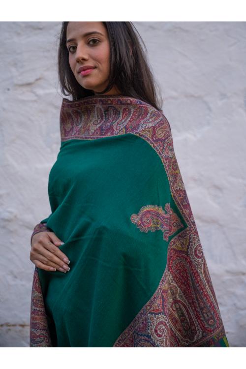 TICH Regal Statement. Exclusive Soft Jamavar Design Kashmiri Shawl - Emerald Green
