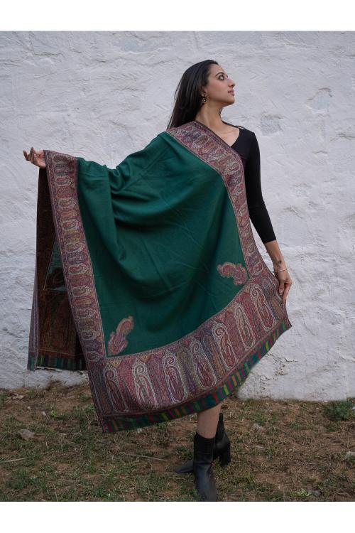 TICH Regal Statement. Exclusive Soft Jamavar Design Kashmiri Shawl - Emerald Green