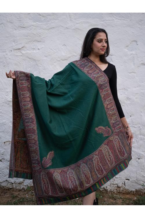 TICH Regal Statement. Exclusive Soft Jamavar Design Kashmiri Shawl - Emerald Green