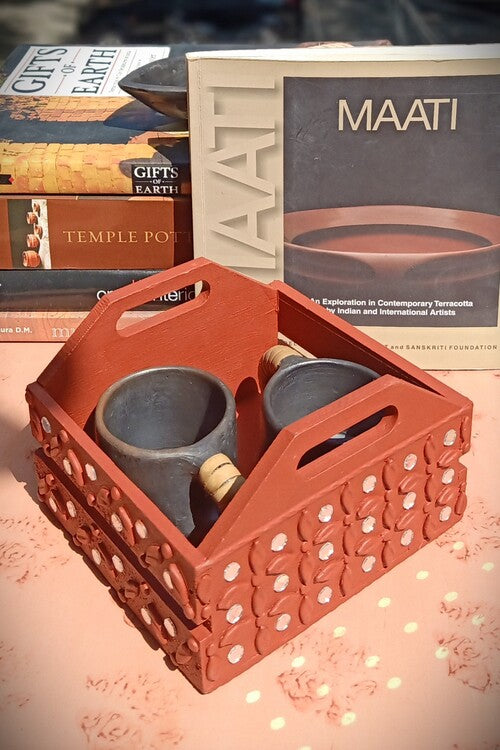 Terracotta by Sachii Pine Wood & Mdf Lippan Mud & Mirror Work Caddy Brick Red