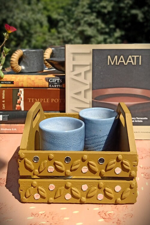 Terracotta by Sachii Pine Wood & Mdf Lippan Mud & Mirror Work Caddy Yellow Ochre