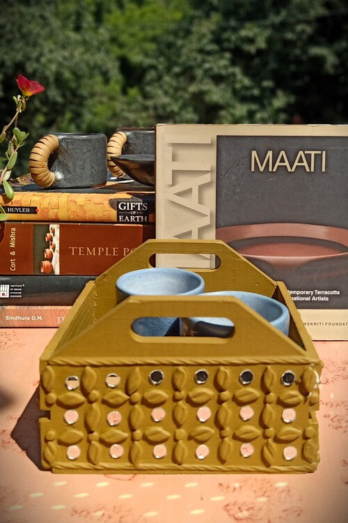 Terracotta by Sachii Pine Wood & Mdf Lippan Mud & Mirror Work Caddy Yellow Ochre