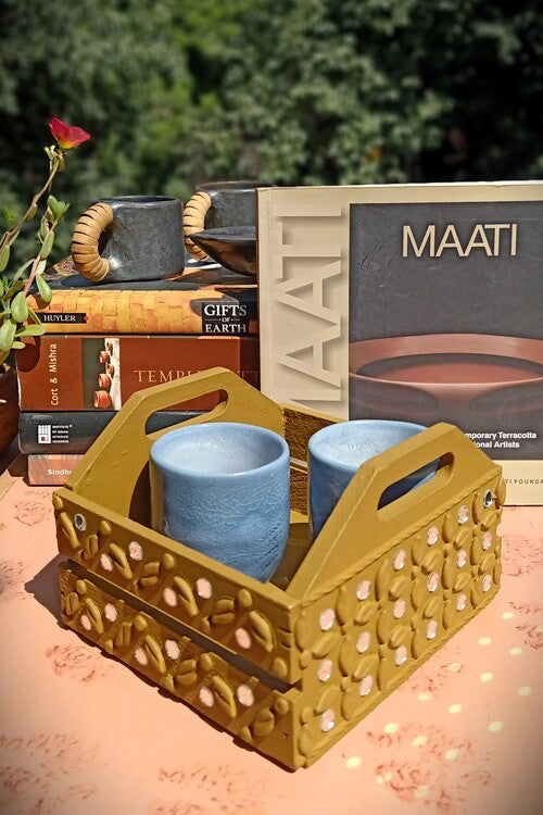 Terracotta by Sachii Pine Wood & Mdf Lippan Mud & Mirror Work Caddy Yellow Ochre