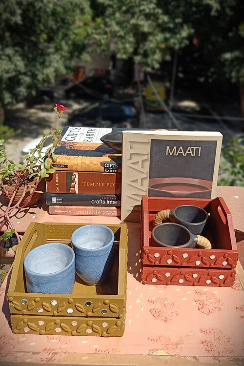 Terracotta by Sachii Pine Wood & Mdf Lippan Mud & Mirror Work Caddy Yellow Ochre