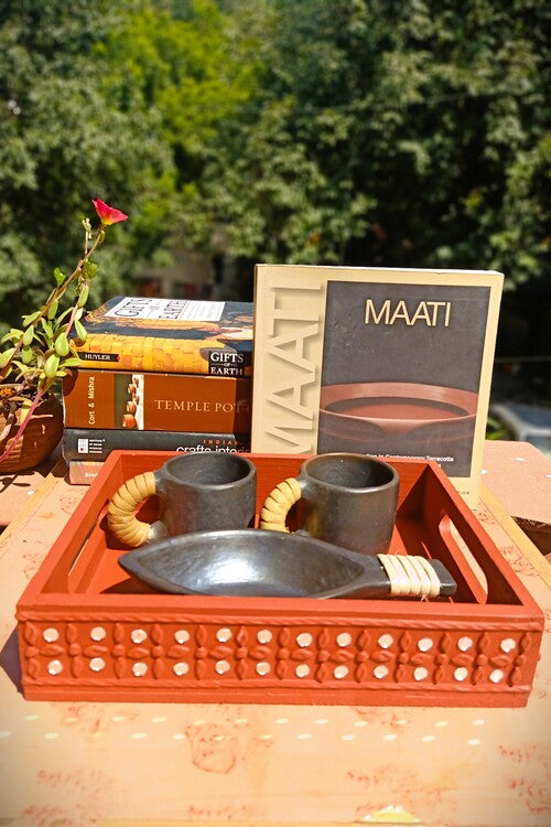 Terracotta by Sachii Pine Wood & Mdf Lippan Mud & Mirror Work Tray Brick Red
