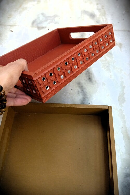 Terracotta by Sachii Pine Wood & Mdf Lippan Mud & Mirror Work Tray Brick Red