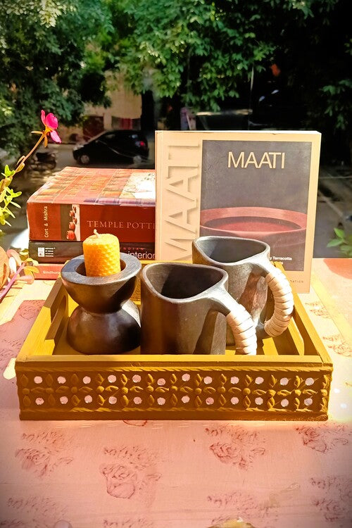 Terracotta by Sachii Pine Wood & Mdf Lippan Mud & Mirror Work Tray Yellow Ochre