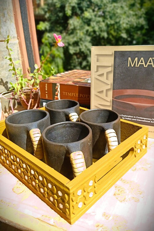 Terracotta by Sachii Pine Wood & Mdf Lippan Mud & Mirror Work Tray Yellow Ochre