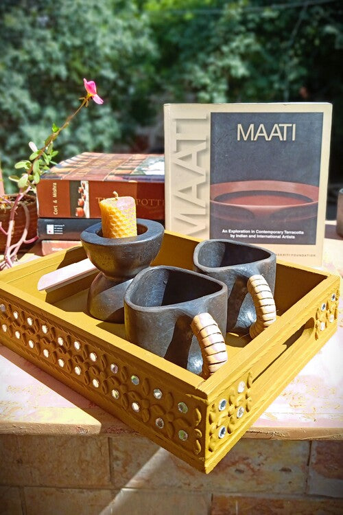 Terracotta by Sachii Pine Wood & Mdf Lippan Mud & Mirror Work Tray Yellow Ochre