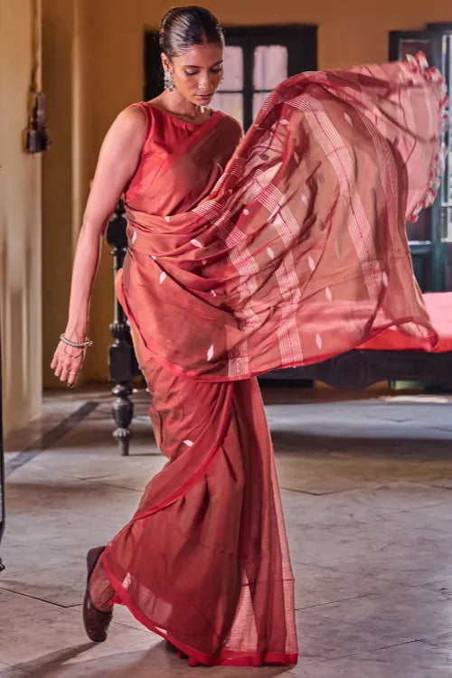 The ICH Bengal Vibes. Handwoven Jamdani Soft Mul Cotton Saree - Coral Red