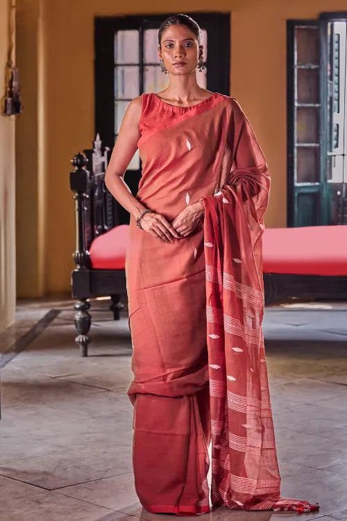 The ICH Bengal Vibes. Handwoven Jamdani Soft Mul Cotton Saree - Coral Red