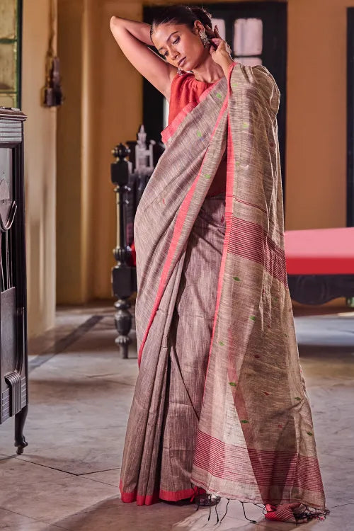 The ICH Bengal Vibes. Handwoven Jamdani Soft Mul Cotton Saree - Grey Whisper