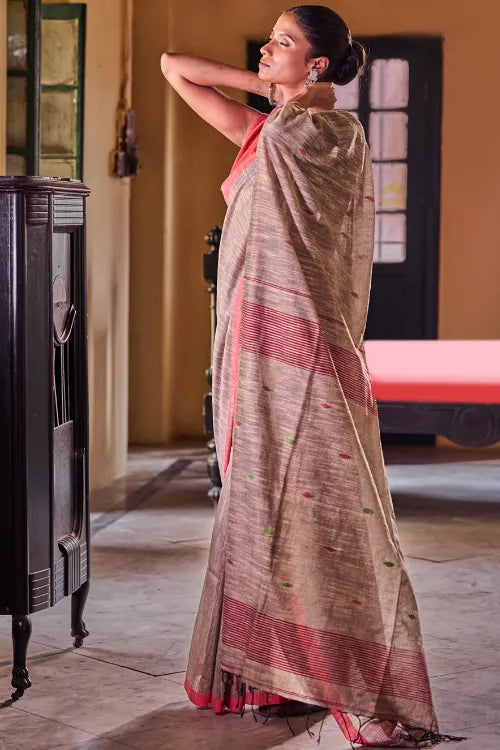 The ICH Bengal Vibes. Handwoven Jamdani Soft Mul Cotton Saree - Grey Whisper