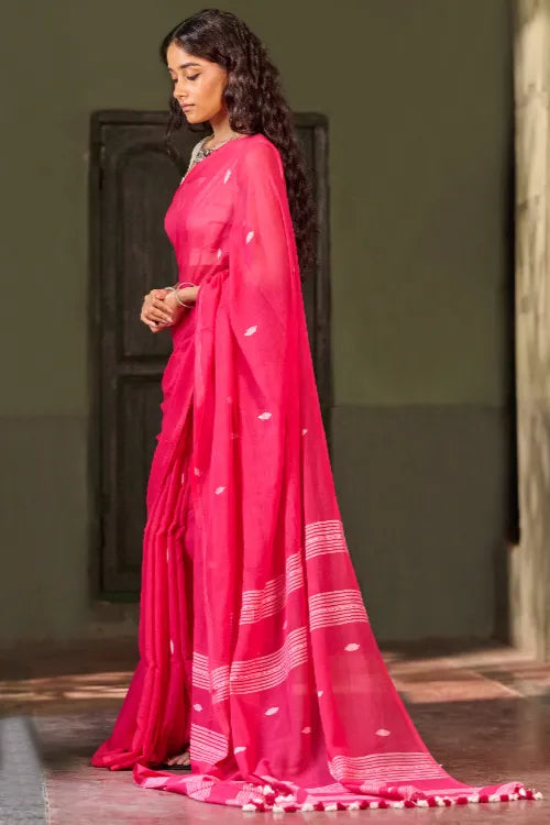 The ICH Bengal Vibes. Handwoven Jamdani Soft Mul Cotton Saree - Vibrant Blush