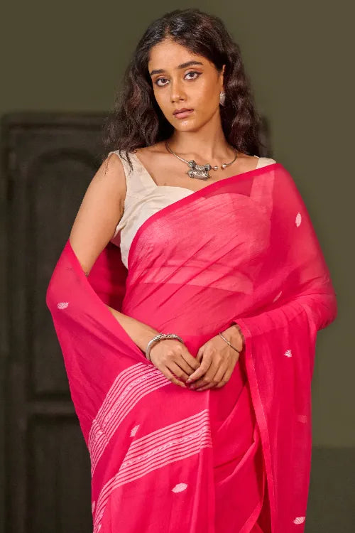 The ICH Bengal Vibes. Handwoven Jamdani Soft Mul Cotton Saree - Vibrant Blush