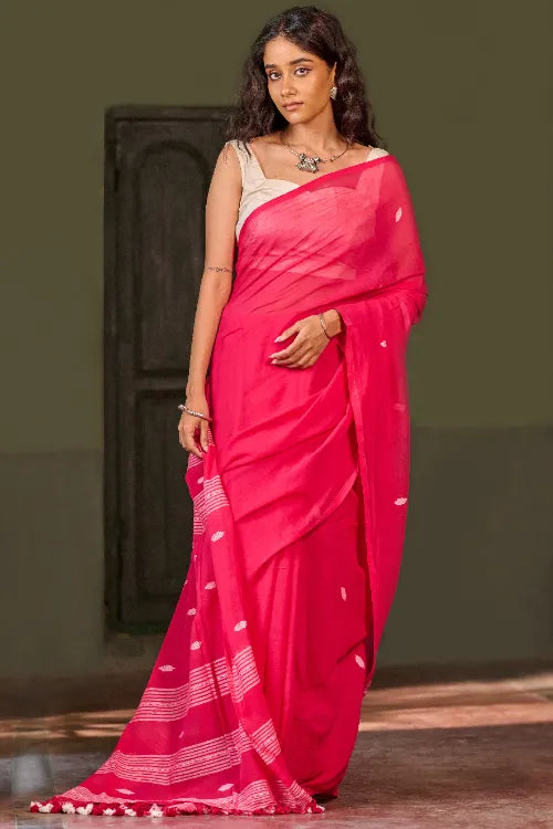 The ICH Bengal Vibes. Handwoven Jamdani Soft Mul Cotton Saree - Vibrant Blush