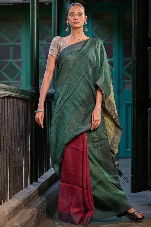 The ICH Bengal Vibes. Elegant Handwoven Patli Linen Saree - Forest Reverie