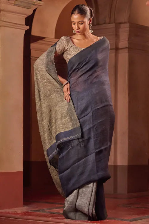 The ICH Bengal Vibes. Elegant Handwoven Patli Linen Saree - Midnight Ash