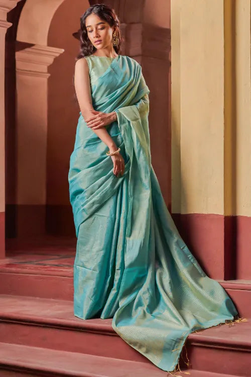 The ICH Bengal Elegance. Handwoven Tissue & Linen Saree - Turquoise Soft Gold