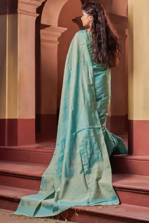 The ICH Bengal Elegance. Handwoven Tissue & Linen Saree - Turquoise Soft Gold