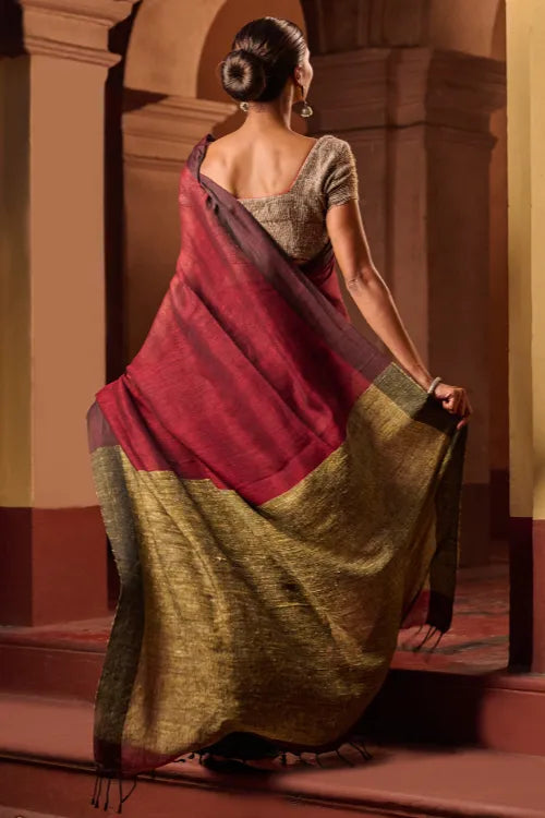 The ICH Bengal Vibes. Elegant Handwoven Patli Linen Saree - Crimson Drape