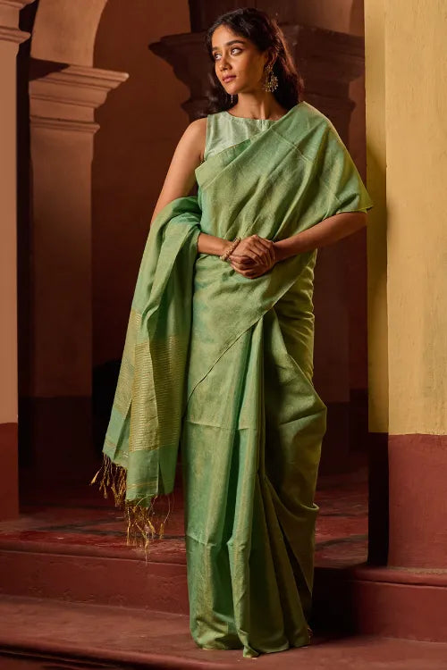 The ICH Bengal Elegance. Handwoven Tissue & Linen Saree - Sage Reverie