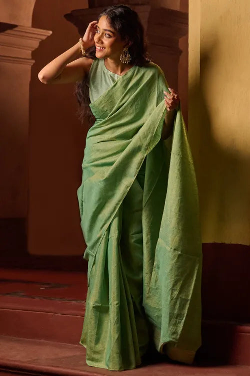 The ICH Bengal Elegance. Handwoven Tissue & Linen Saree - Sage Reverie