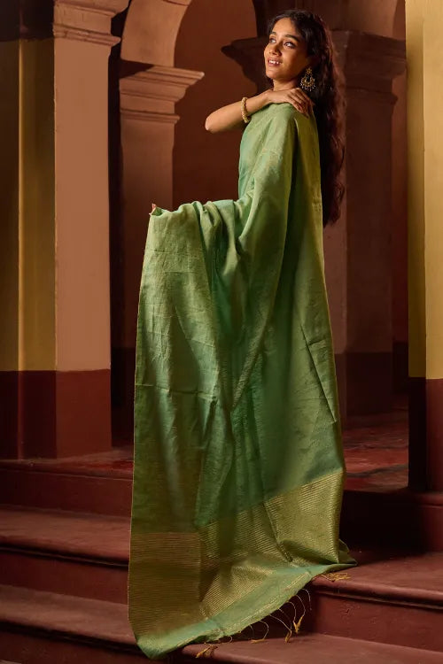 The ICH Bengal Elegance. Handwoven Tissue & Linen Saree - Sage Reverie