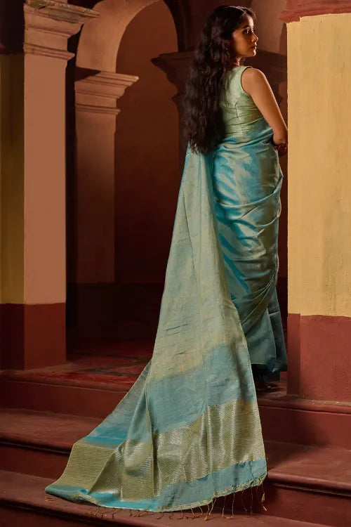 The ICH Bengal Elegance. Handwoven Tissue & Linen Saree - Mist Blue