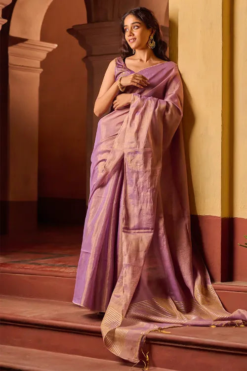 The ICH Bengal Elegance. Handwoven Tissue & Linen Saree - Dusky Mauve