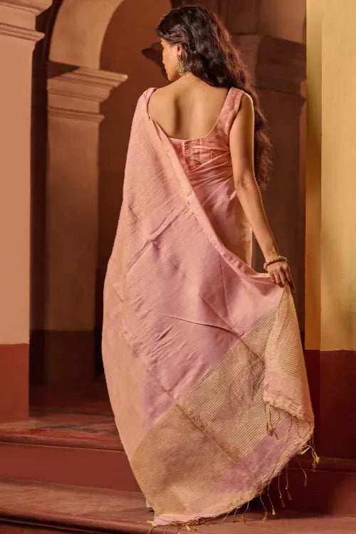 The ICH Bengal Elegance. Handwoven Tissue & Linen Saree - Soft Blush
