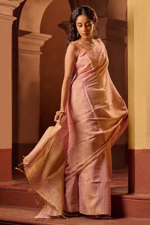The ICH Bengal Elegance. Handwoven Tissue & Linen Saree - Soft Blush