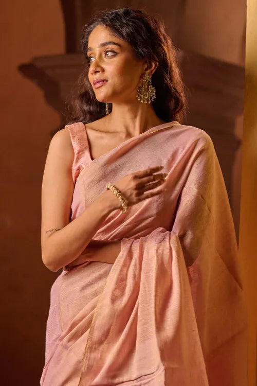 The ICH Bengal Elegance. Handwoven Tissue & Linen Saree - Soft Blush