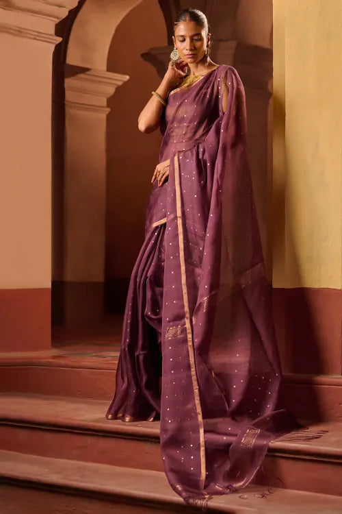The ICH Bengal Elegance. Handwoven Sequinned Resham Silk Saree - Dusky Grape