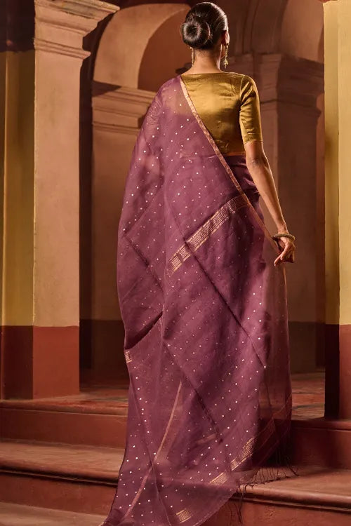 The ICH Bengal Elegance. Handwoven Sequinned Resham Silk Saree - Dusky Grape
