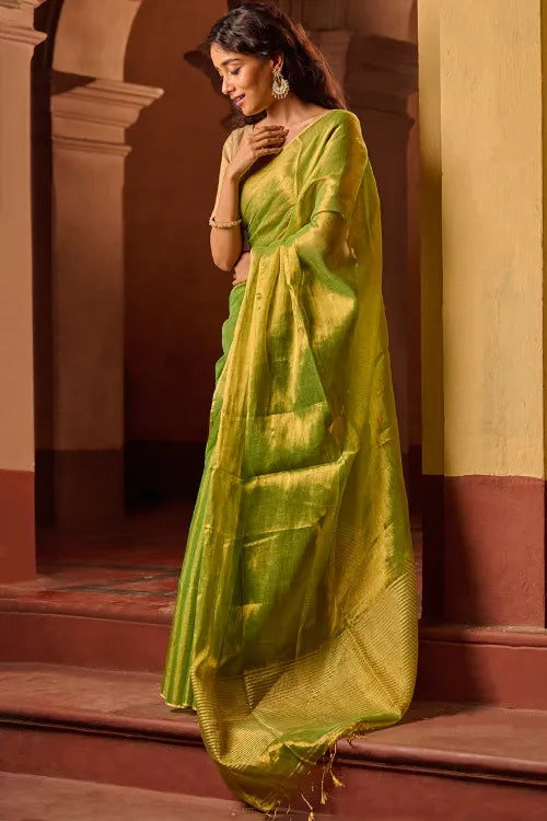 The ICH Bengal Elegance. Handwoven Tissue & Linen Saree - Golden Lime