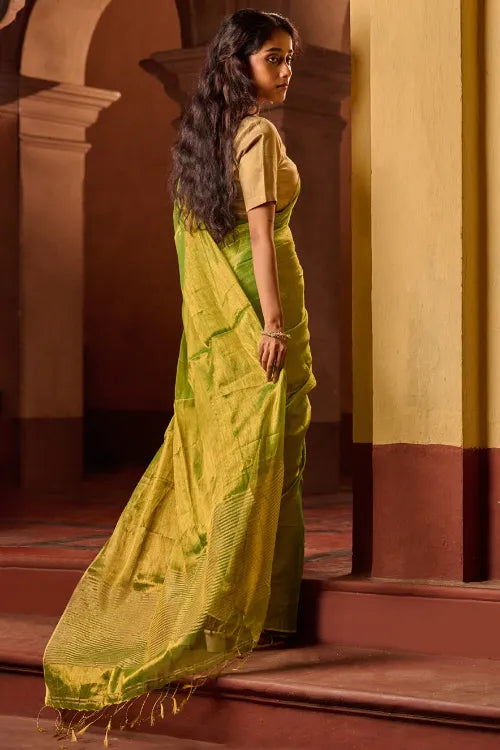 The ICH Bengal Elegance. Handwoven Tissue & Linen Saree - Golden Lime