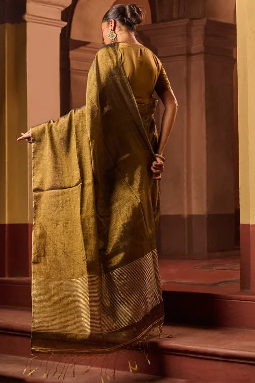 The ICH Bengal Elegance. Handwoven Tissue & Linen Saree - Dusky Bronze
