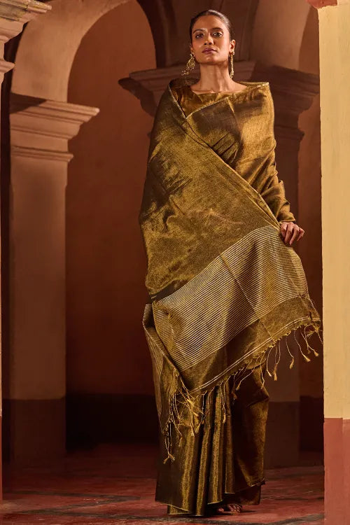 The ICH Bengal Elegance. Handwoven Tissue & Linen Saree - Dusky Bronze
