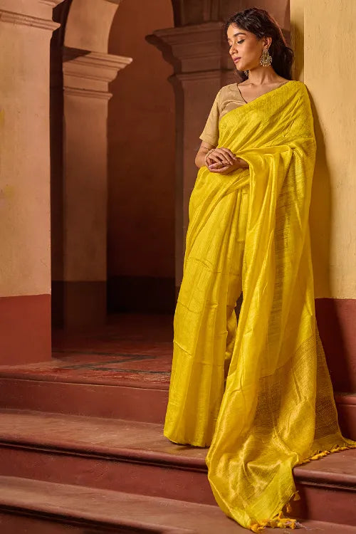 The ICH Bengal Elegance. Handwoven Soft Resham Matka Silk Saree - Sunlit Lemon