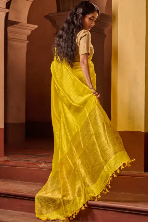 The ICH Bengal Elegance. Handwoven Soft Resham Matka Silk Saree - Sunlit Lemon
