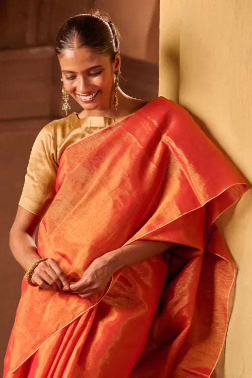The ICH Bengal Elegance. Handwoven Tissue & Linen Saree - Golden Sunrise