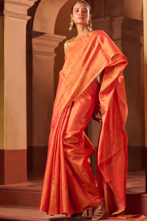 The ICH Bengal Elegance. Handwoven Tissue & Linen Saree - Golden Sunrise