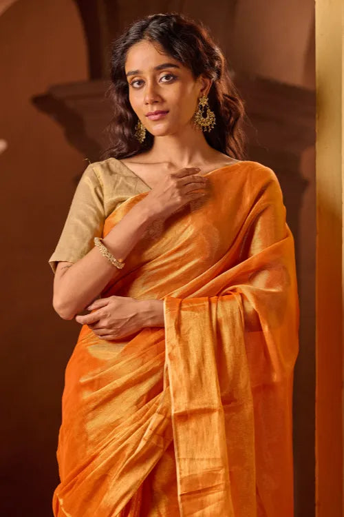 The ICH Bengal Elegance. Handwoven Tissue & Linen Saree - Golden Sunset