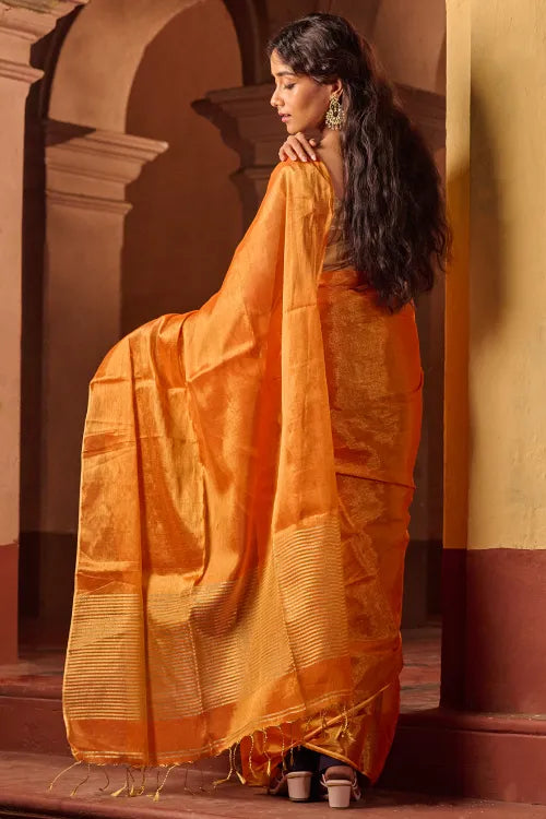 The ICH Bengal Elegance. Handwoven Tissue & Linen Saree - Golden Sunset