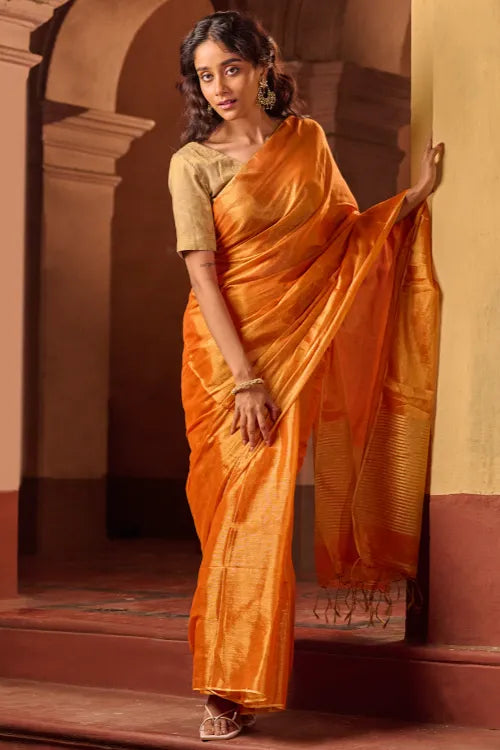 The ICH Bengal Elegance. Handwoven Tissue & Linen Saree - Golden Sunset
