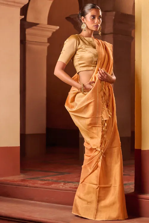 The ICH Bengal Elegance. Handwoven Tissue & Linen Saree - Peach Champagne